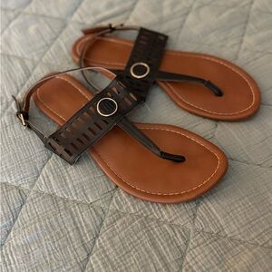 Tommy Hilfiger Black and Brown Leather Sandals